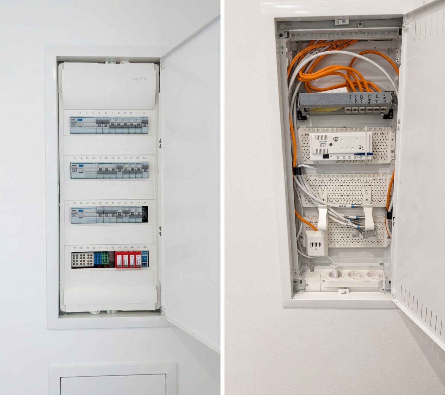 Elektro-Unterverteilung mit Sicherungsautomaten und Multimedia-Netzwerkverteiler mit Patchfeld, nebeneinander